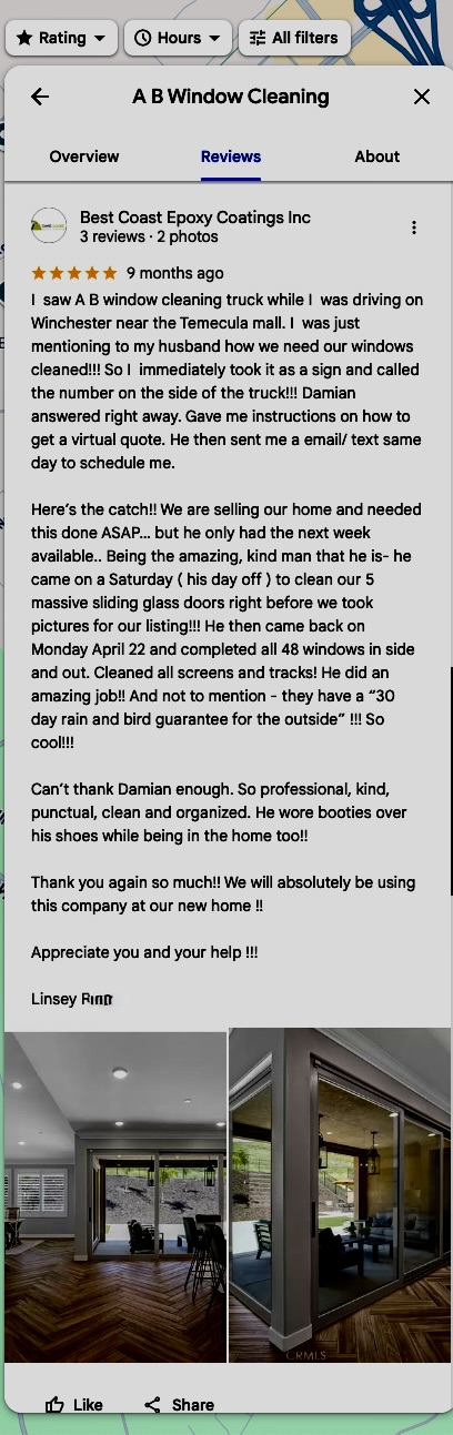 Google review of Window Cleaning Near me in Murrieta, CA